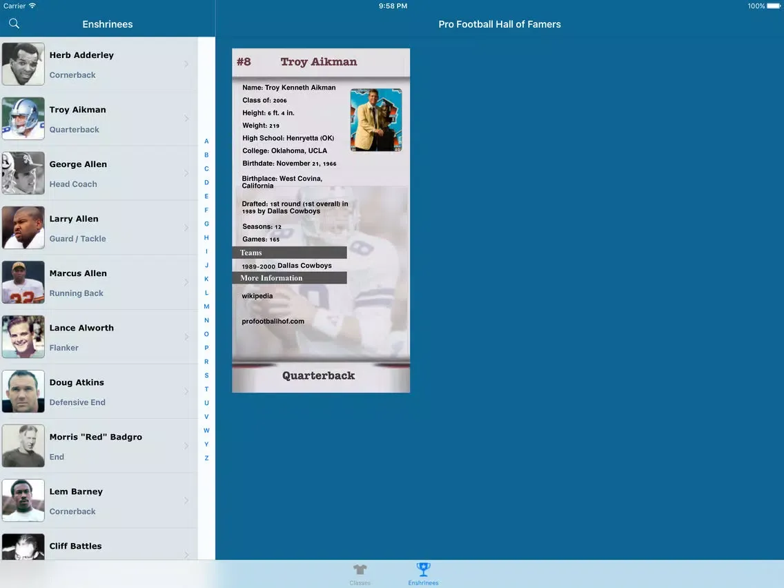 Tangkapan layar Pro Football Hall of Famers iPad 