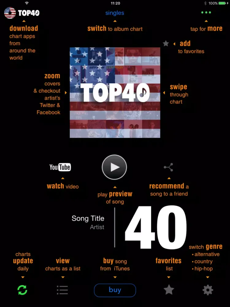 Zrzuty ekranu TOP40 US music charts - pop, hip-hop, country iPad 