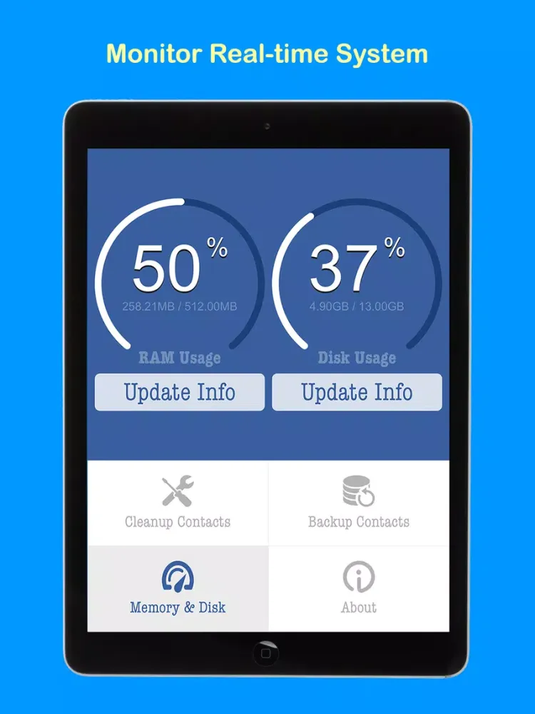 Clean & Clear Duplicate Master Contact Cleaner - Monitor & Check Memory Disk RAM Free iPad  Ekran Görüntüleri