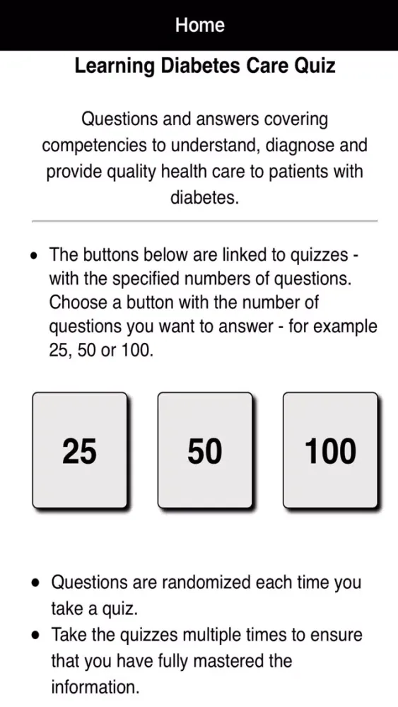 Learning Diabetes Care Quiz Screenshots