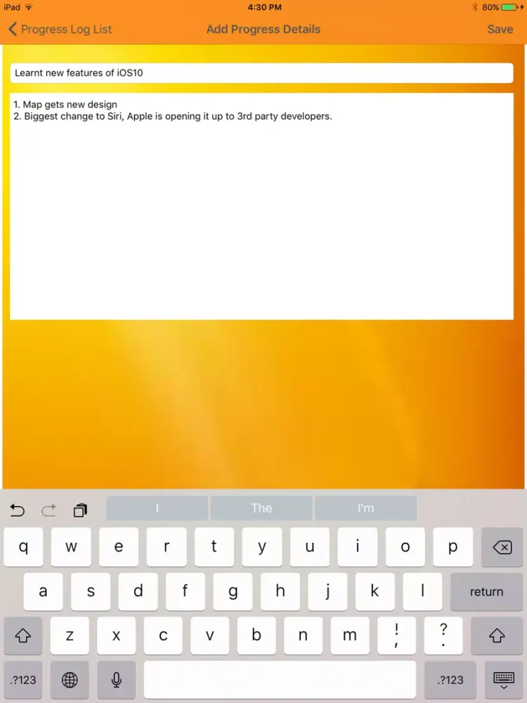 Ảnh chụp màn hình của Progress Log iPad 