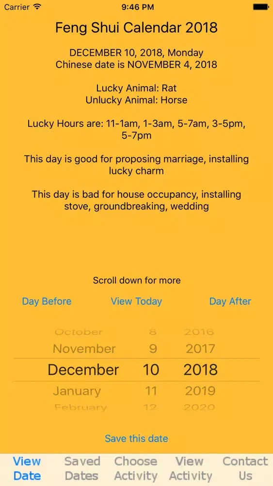 Capturas de tela do Feng Shui Calendar 2018