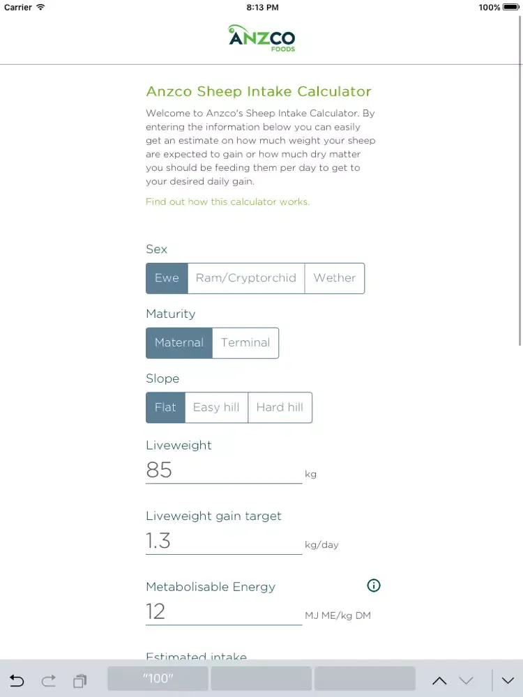 Anzco Sheep Intake Calculator iPad  Screenshots