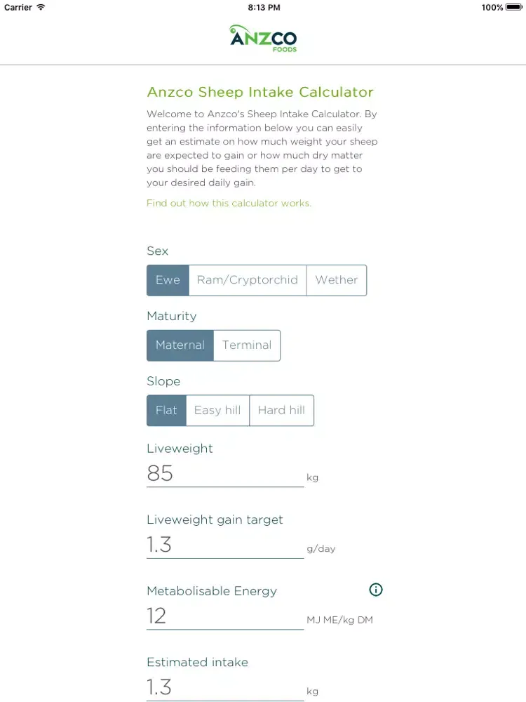 Anzco Sheep Intake Calculator iPad  Screenshots