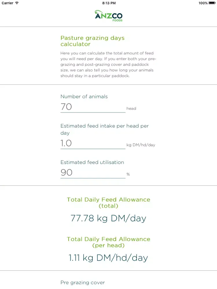 Anzco Sheep Intake Calculator iPad  Screenshots