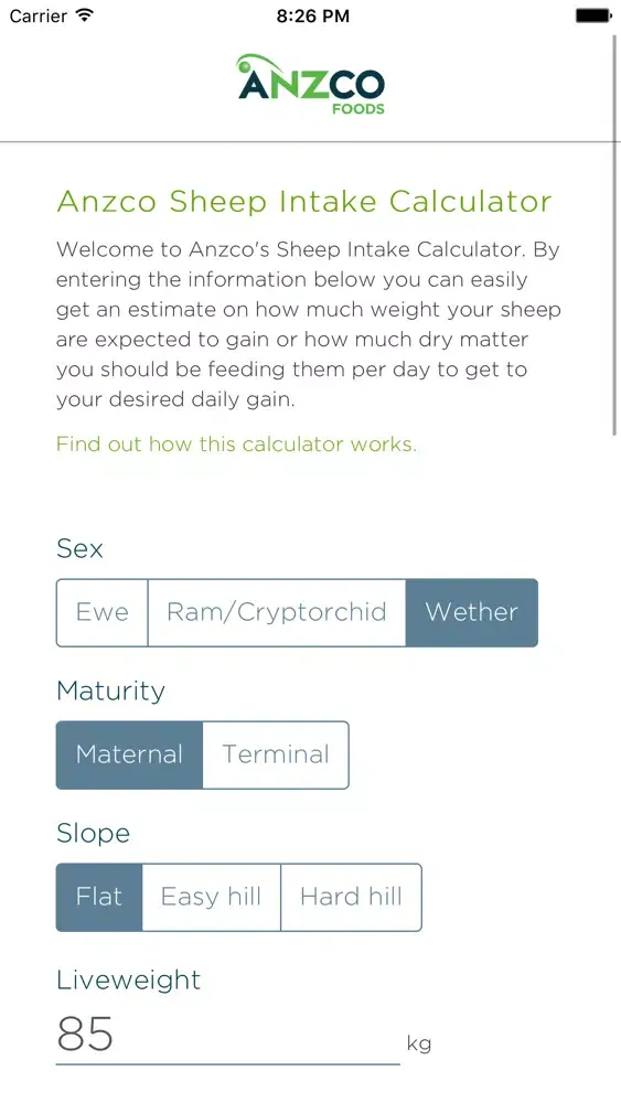 Anzco Sheep Intake Calculator Screenshots