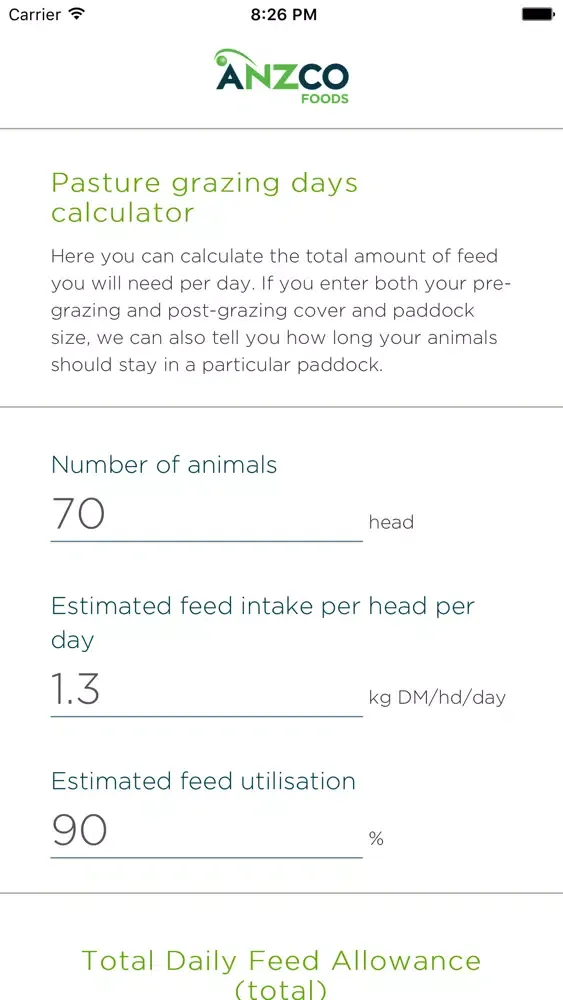 Anzco Sheep Intake Calculator Screenshots