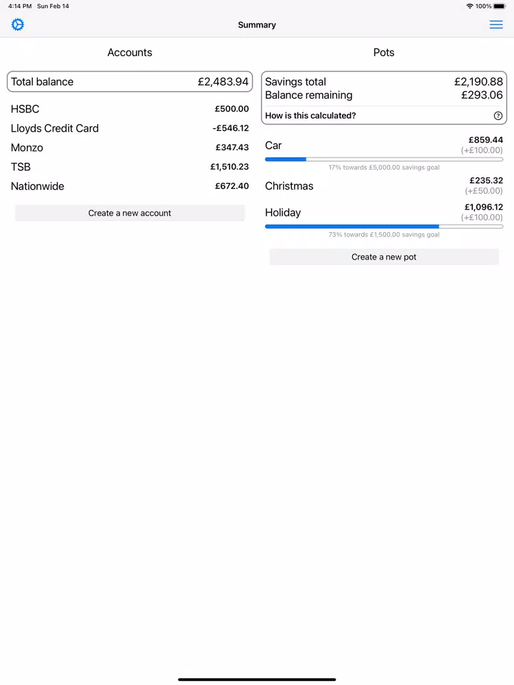 Tangkapan layar Savings Planner iPad 