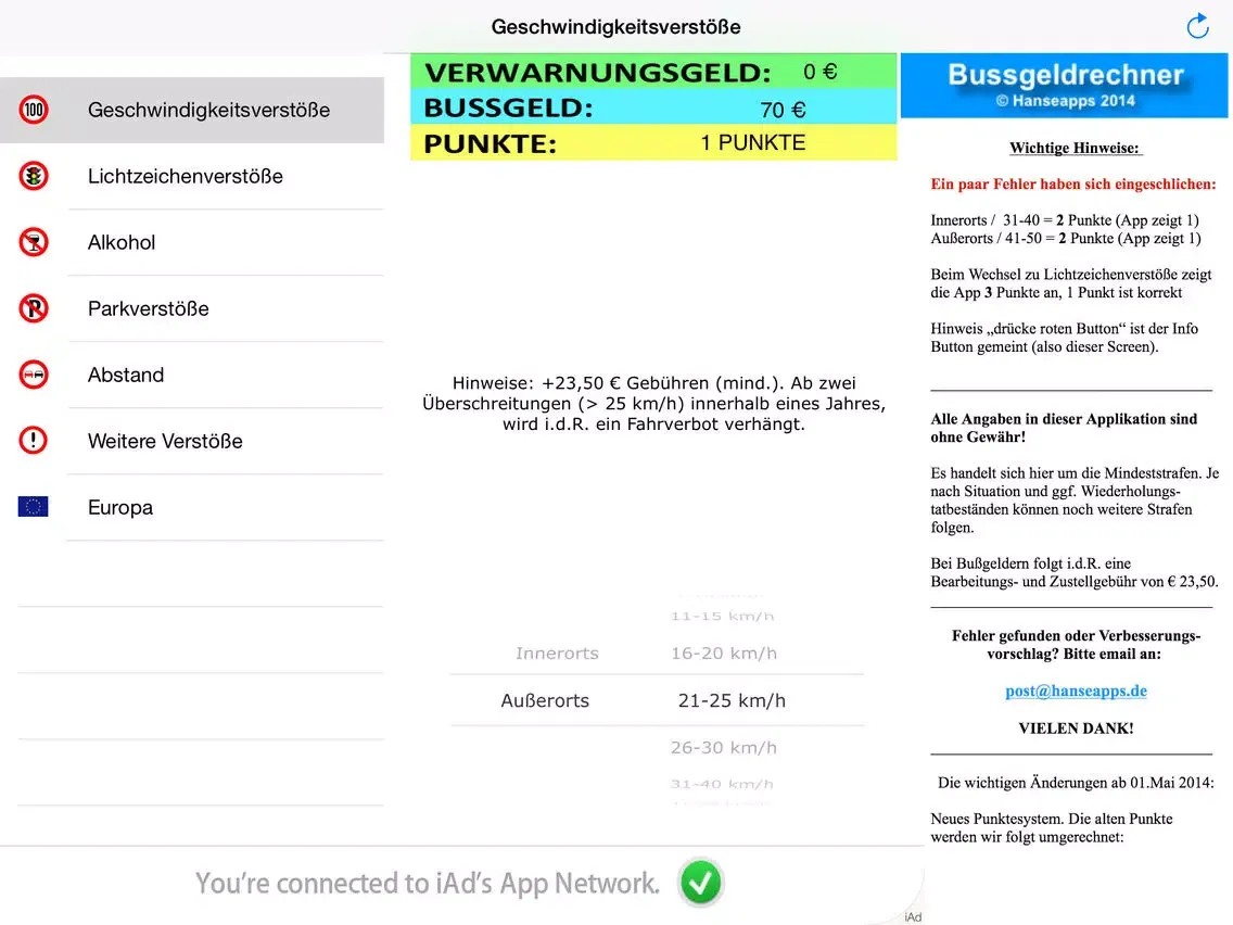 Bussgeldrechner 2014 - Deutschland & Europa iPad  Screenshots