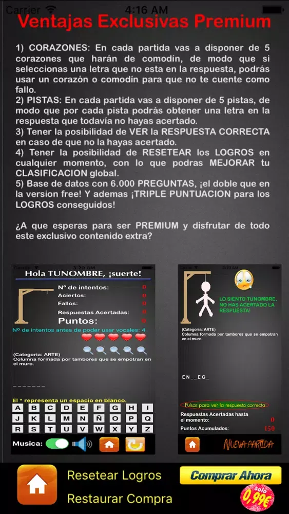 Capturas de pantalla de TriviAhorcado para iPhone