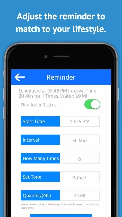 Capturas de tela do Drink Reminder - Water Alarm, Intake Log, and Daily Hydration Tracker for Wellbeing