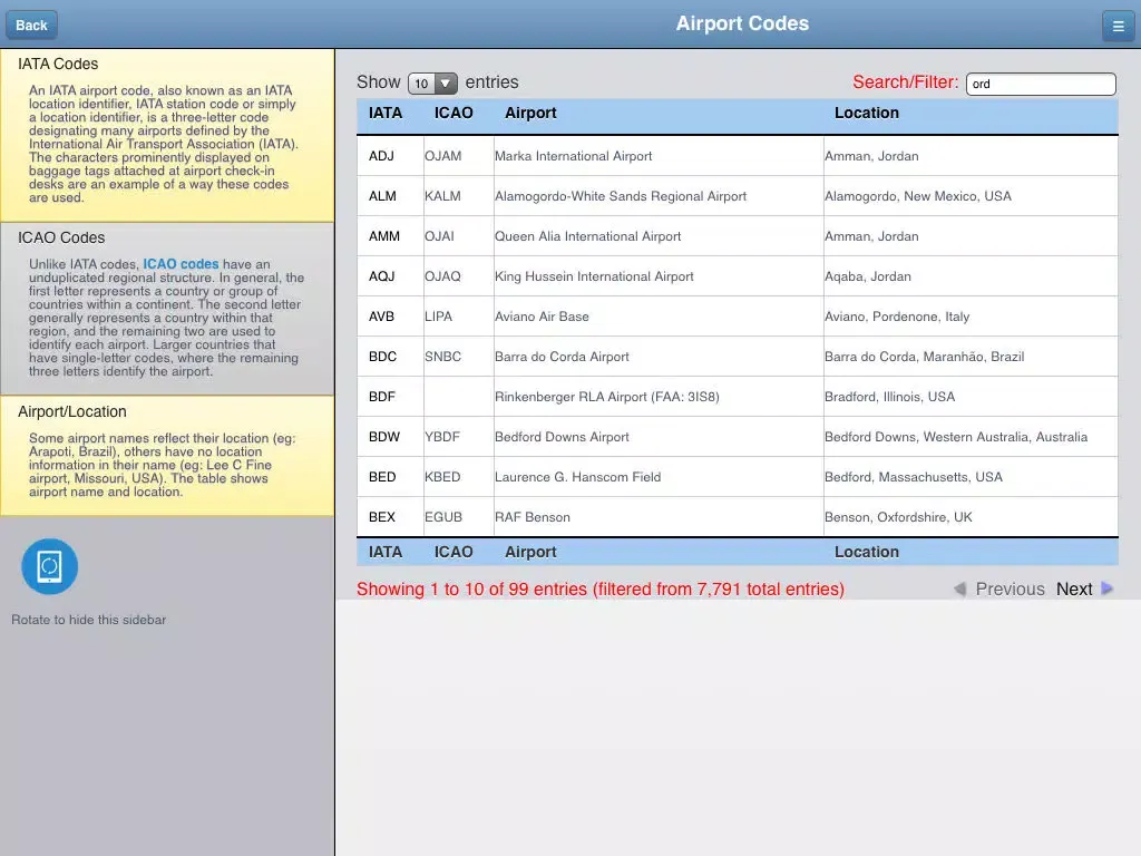 Airport Codes Database iPad  스크린샷