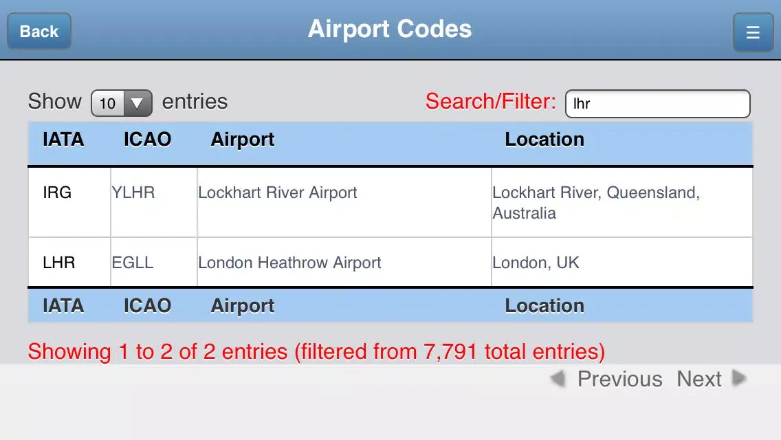 Airport Codes Database 스크린샷