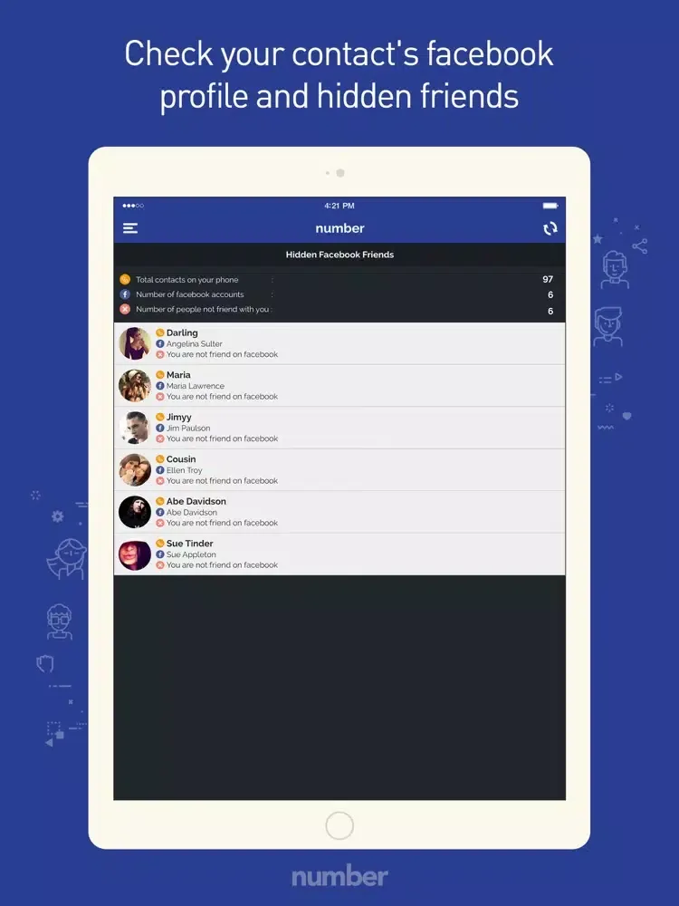 Ảnh chụp màn hình của Number Search & Find hidden friends for Facebook iPad 