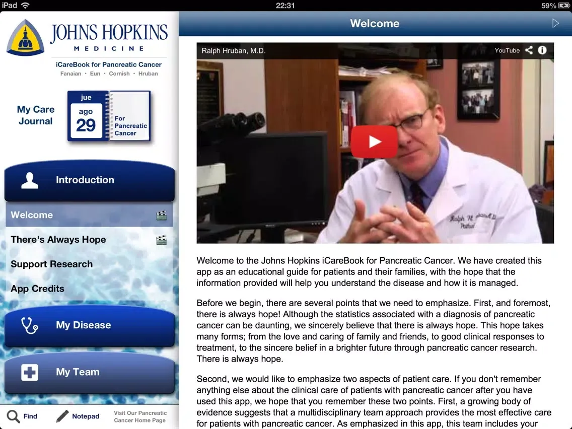 Tangkapan layar The Johns Hopkins iCarebook for Pancreatic Cancer HD iPad 