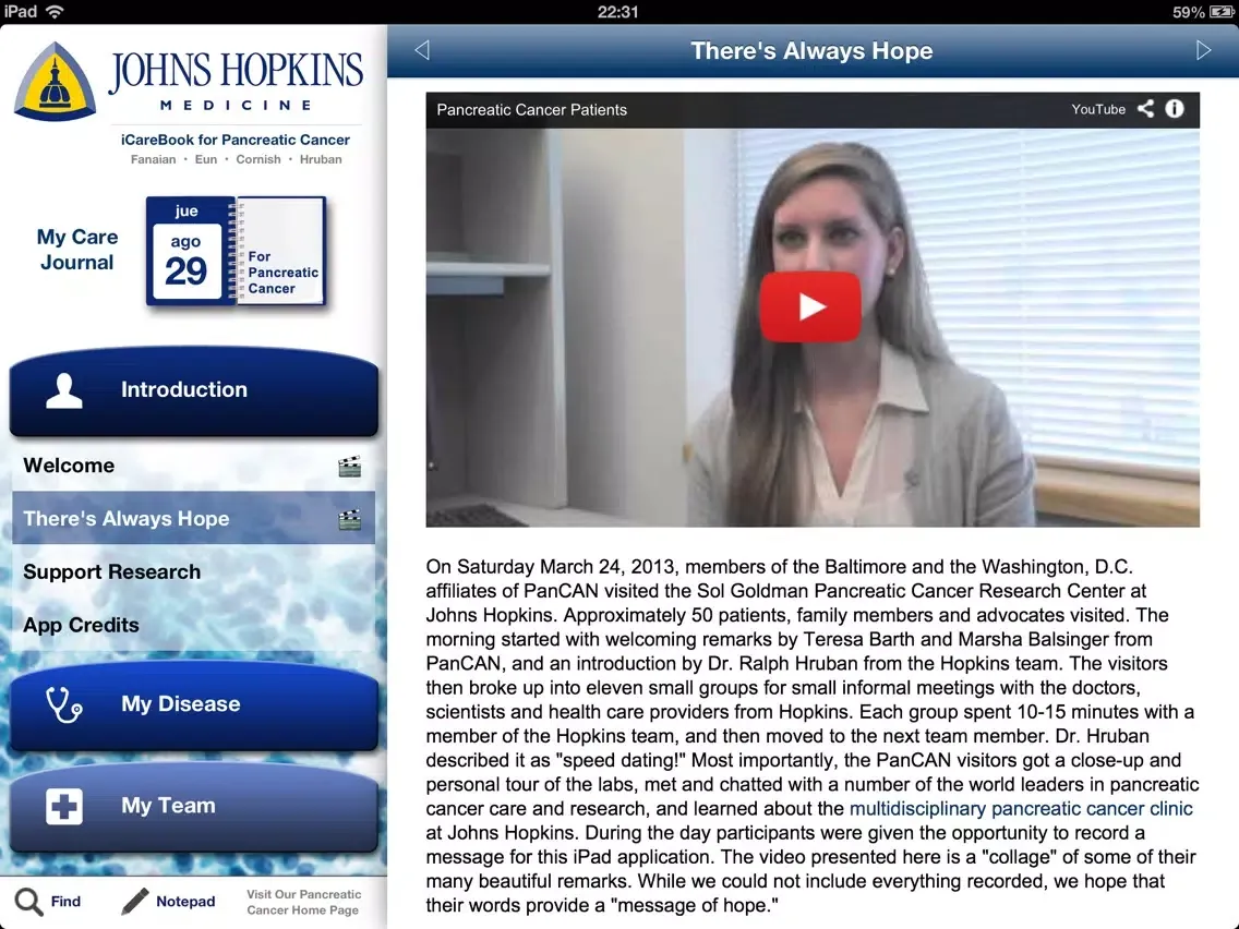 Tangkapan layar The Johns Hopkins iCarebook for Pancreatic Cancer HD iPad 