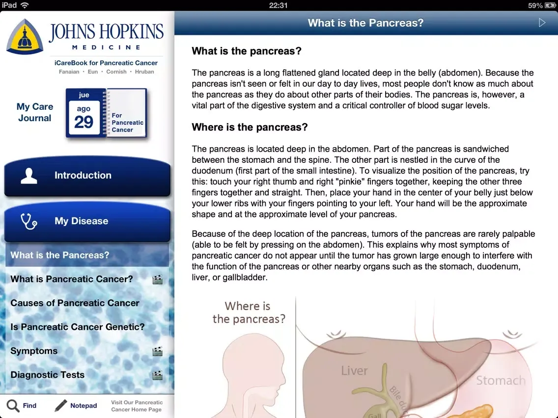 Tangkapan layar The Johns Hopkins iCarebook for Pancreatic Cancer HD iPad 