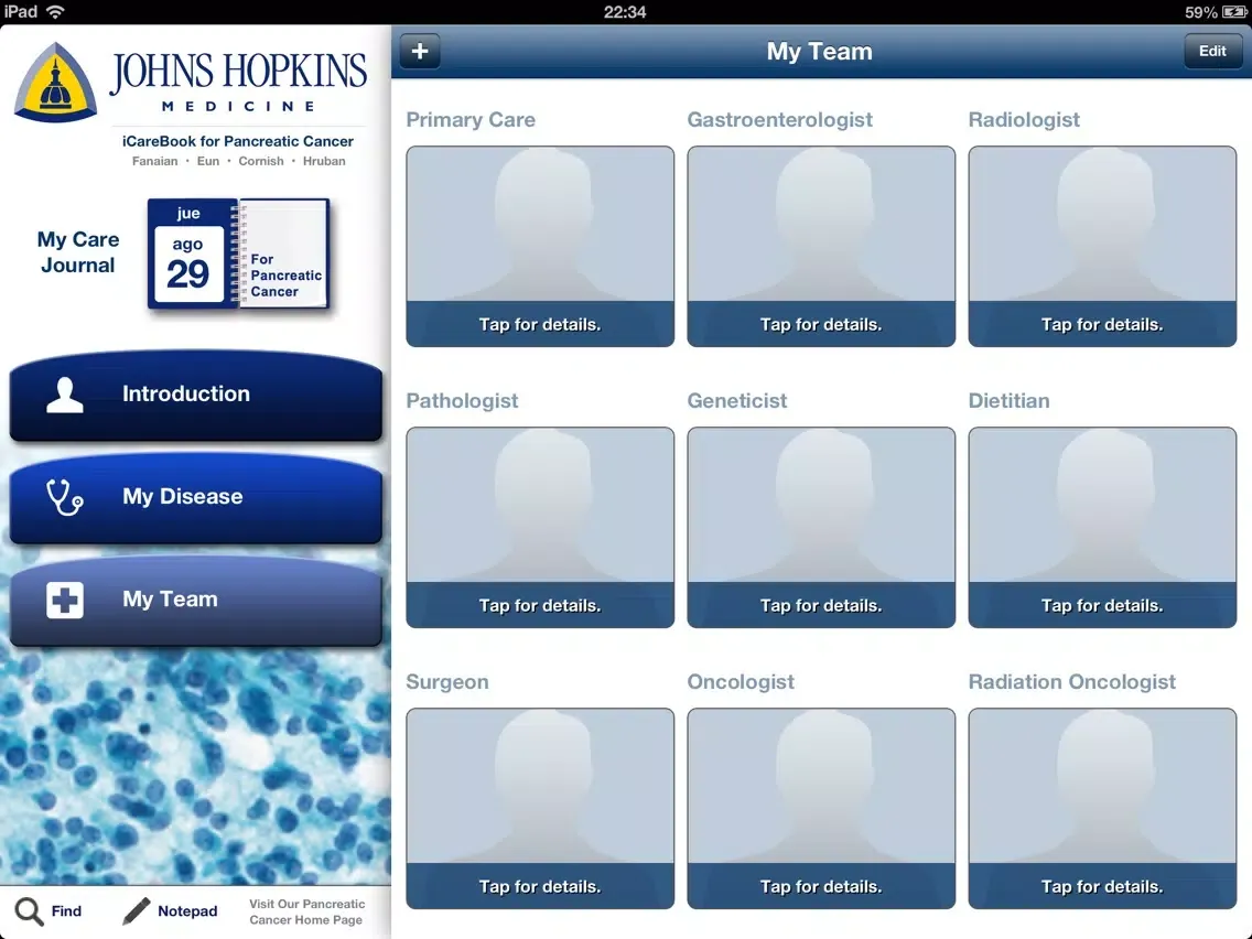 Tangkapan layar The Johns Hopkins iCarebook for Pancreatic Cancer HD iPad 