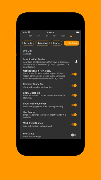Tangkapan layar Hacki for Hacker News