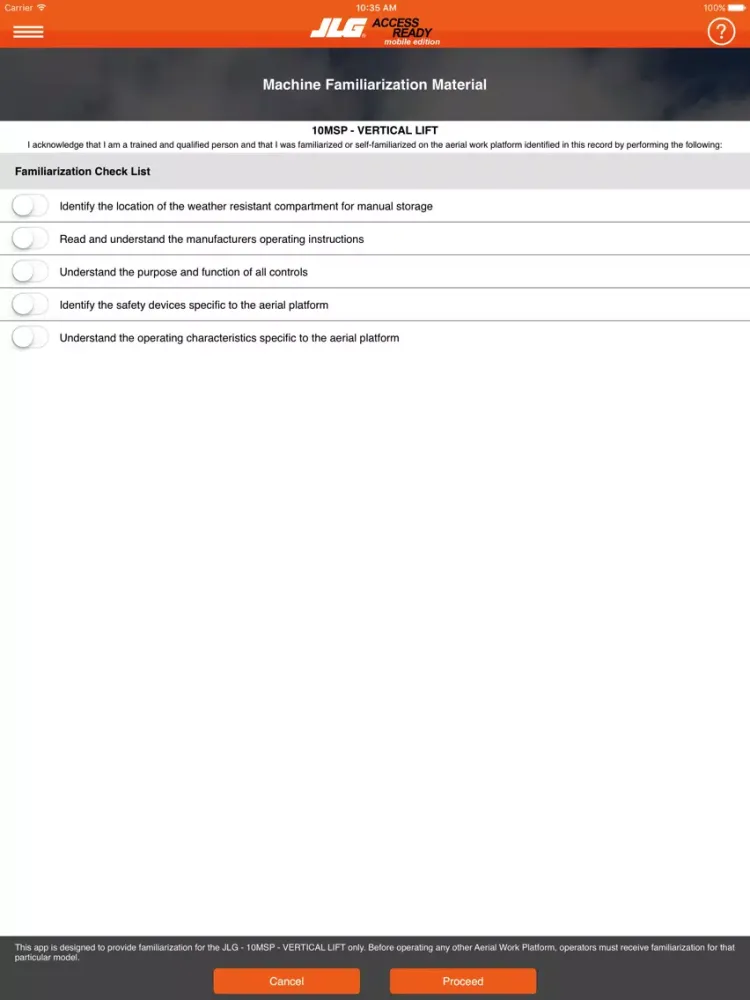 ภาพหน้าจอของ JLG AccessReady Mobile iPad 