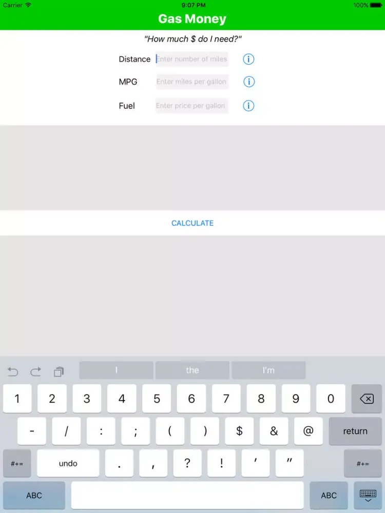 Tangkapan skrin Gas Money ("How much do I need?") iPad 