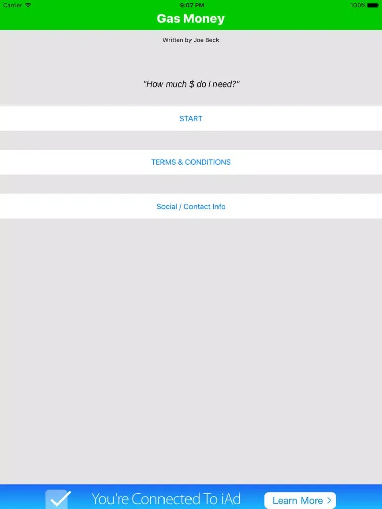 Tangkapan skrin Gas Money ("How much do I need?") iPad 
