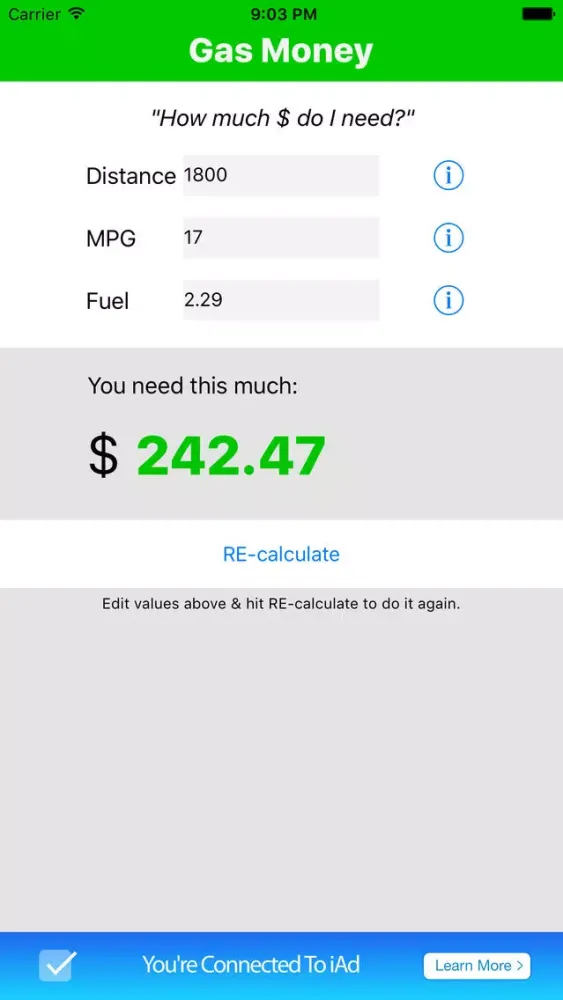 Tangkapan skrin Gas Money ("How much do I need?")