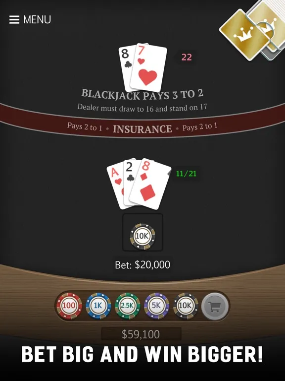 Tangkapan skrin Royal Blackjack Casino 21 iPad 