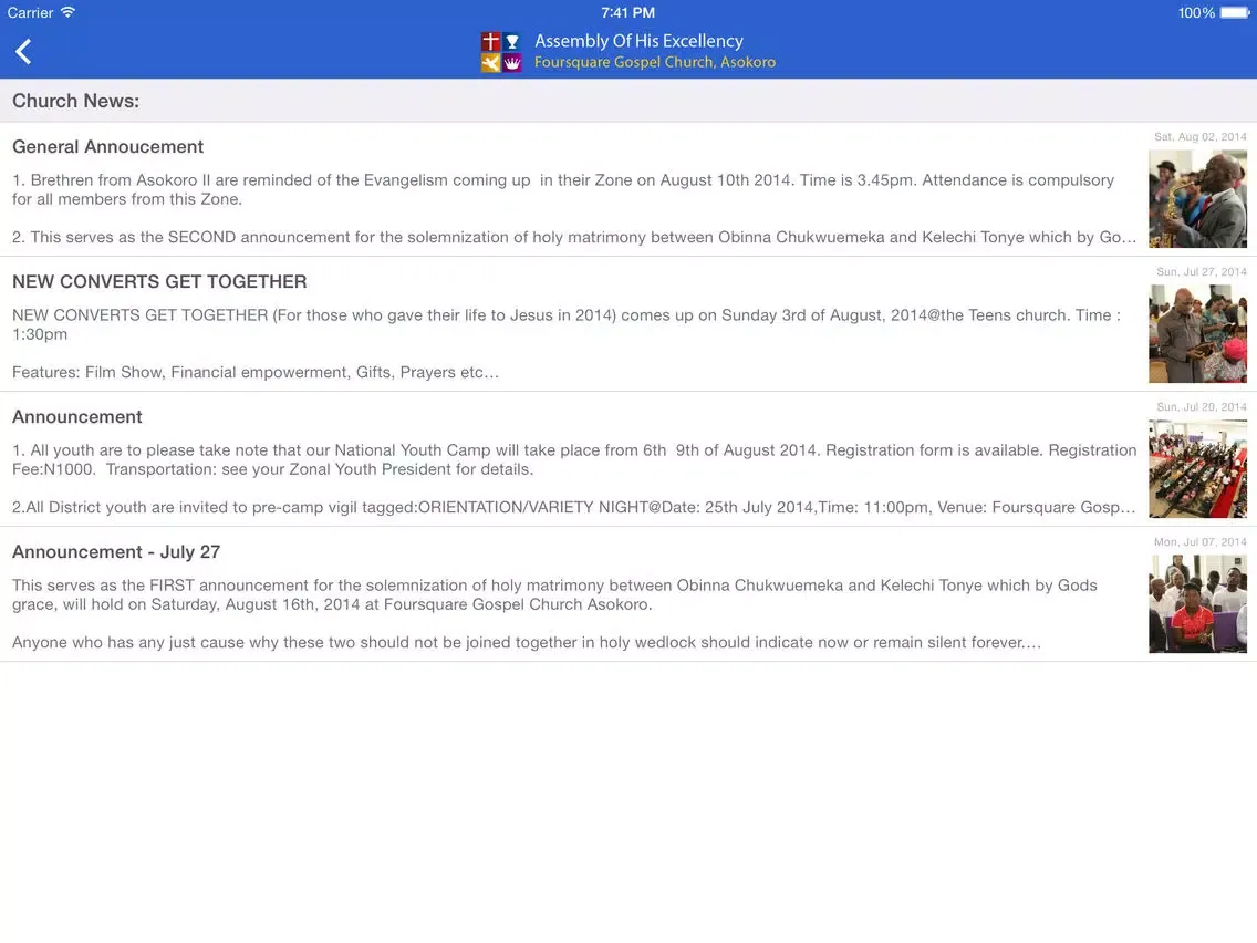 Tangkapan layar 4SQA - Assembly Of His Excellency, Foursquare Gospel Church, Asokoro - Nigeria iPad 