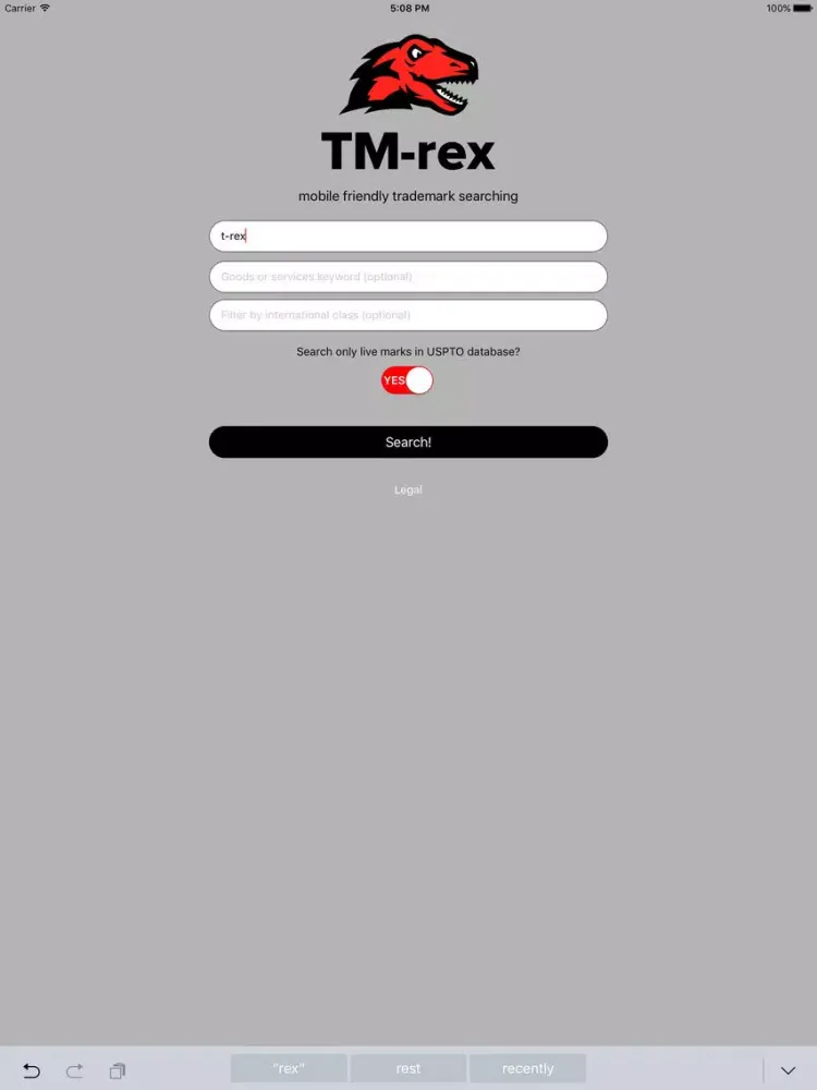 TM-rex - trademark search of USPTO database, Google, and GoDaddy iPad 应用截图