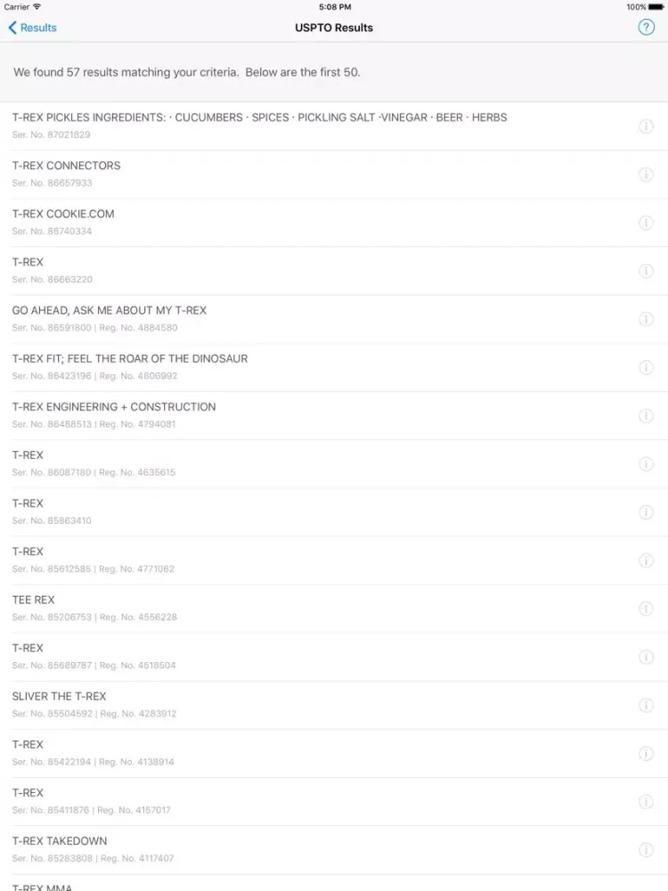 TM-rex - trademark search of USPTO database, Google, and GoDaddy iPad 应用截图