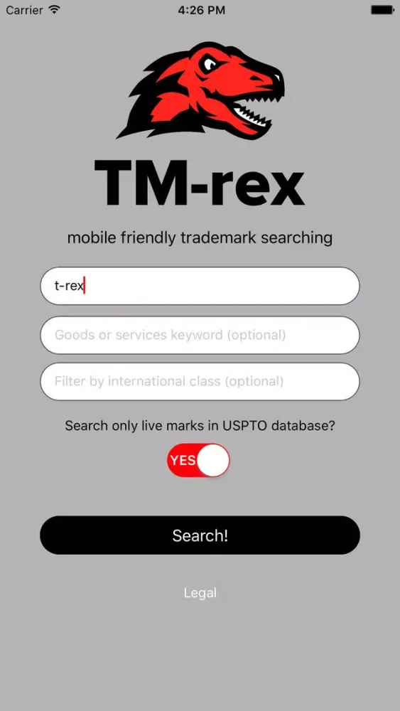 TM-rex - trademark search of USPTO database, Google, and GoDaddy应用截图