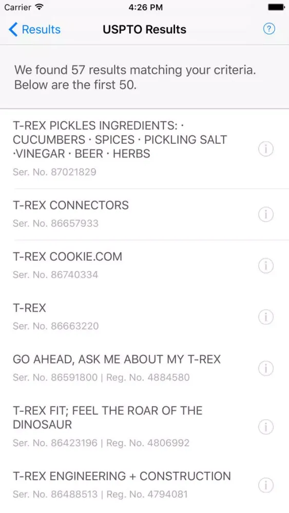 TM-rex - trademark search of USPTO database, Google, and GoDaddy应用截图