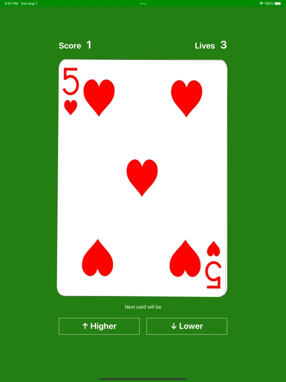 Higher or Lower card game easy iPad  Screenshots