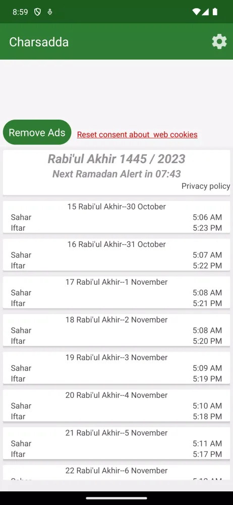 Ảnh chụp màn hình của Sehar Iftar Timings