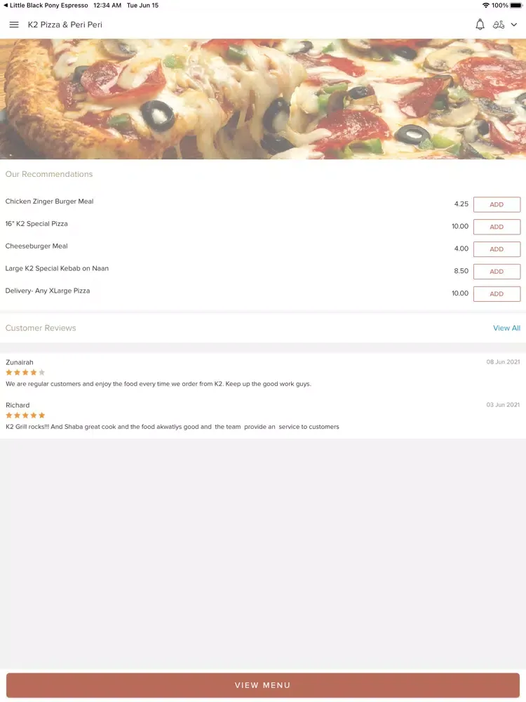 Tangkapan layar K2 Pizza & Peri Peri iPad 