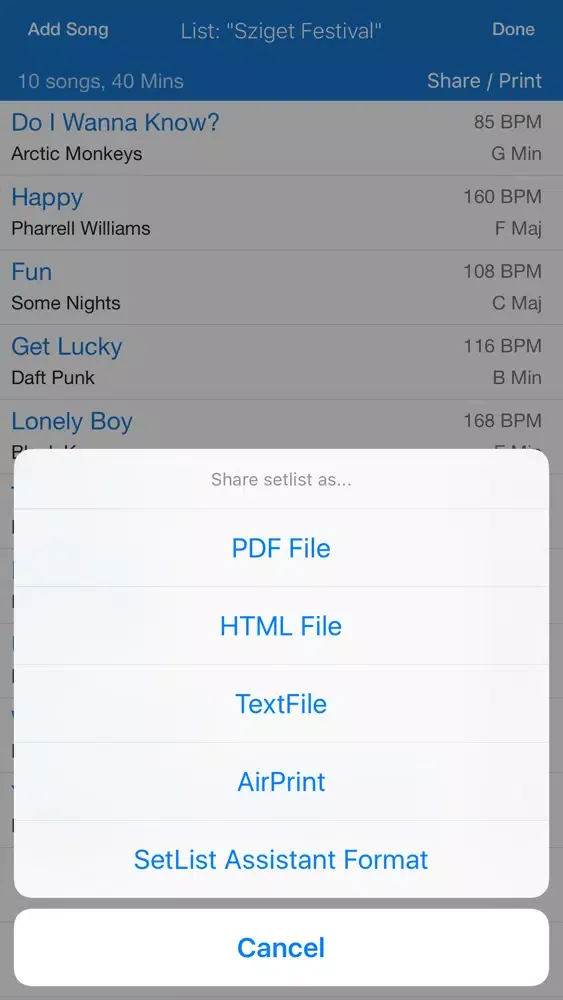Screenshot di SetList & Repertoire Assistant