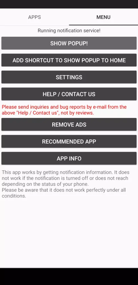 Popup Notification History Screenshots