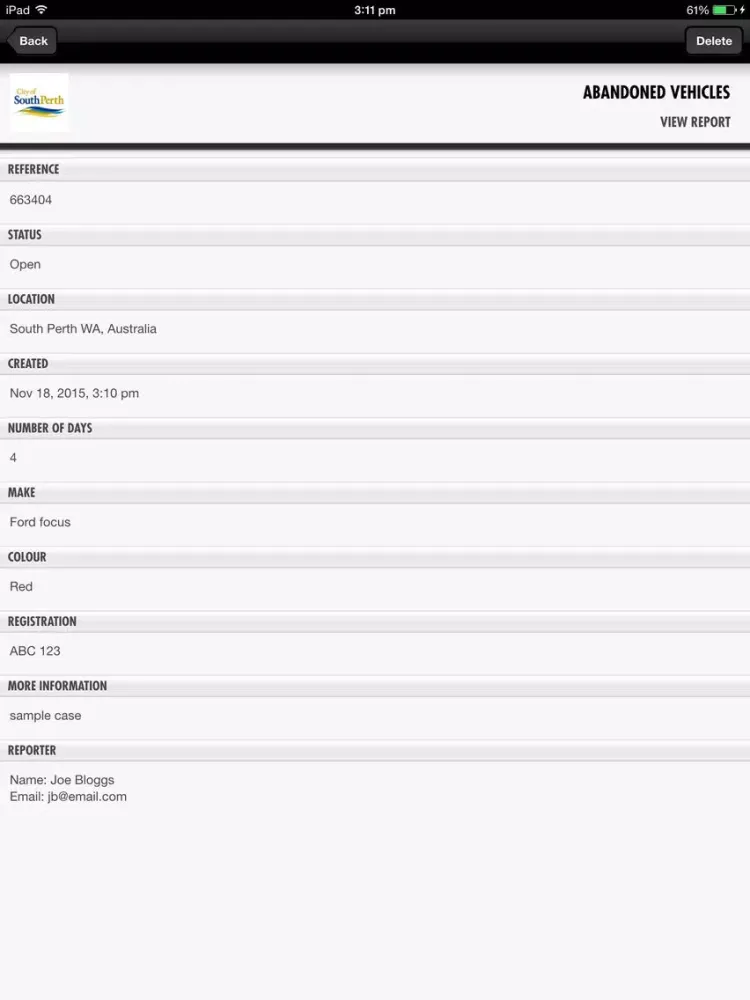 Tangkapan skrin South Perth Report It iPad