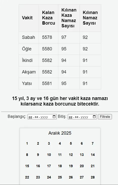 Kaza Namazı Takip Sistemi Screenshots