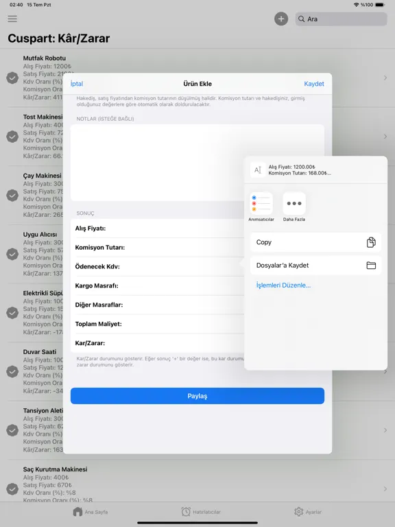 Cuspart: Kâr/Zarar iPad  Screenshots