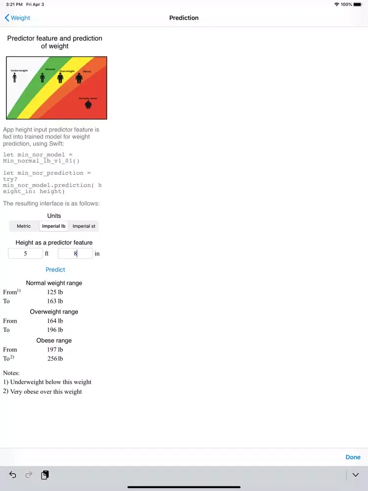 Tangkapan layar Weight Prediction iPad 