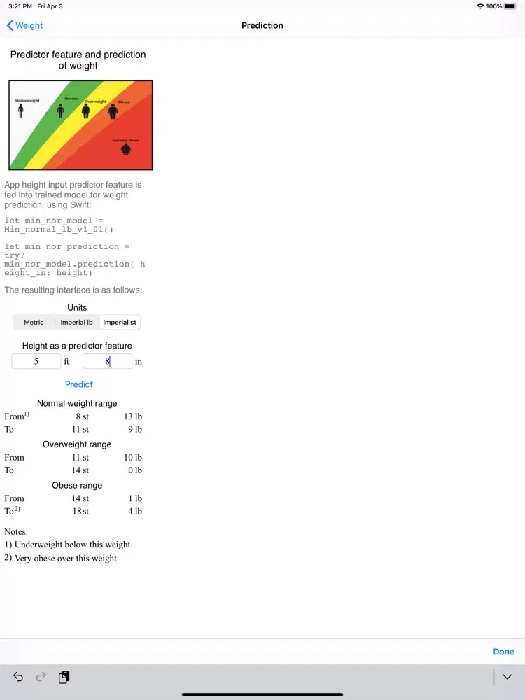 Tangkapan layar Weight Prediction iPad 
