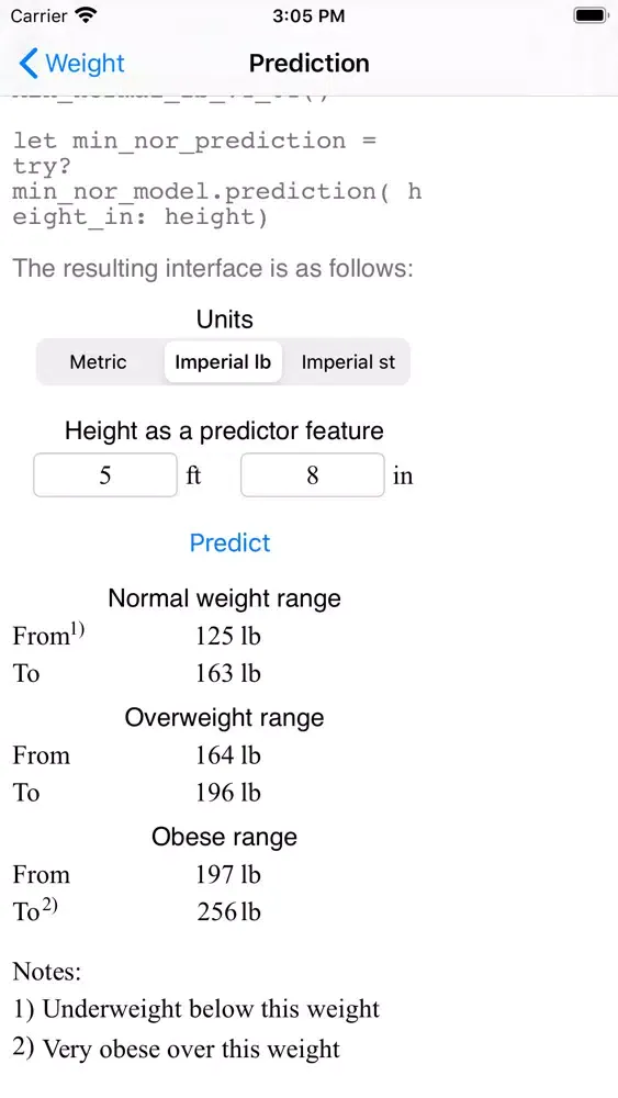 Tangkapan layar Weight Prediction