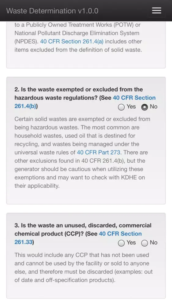 Tangkapan layar Kansas Waste Determination
