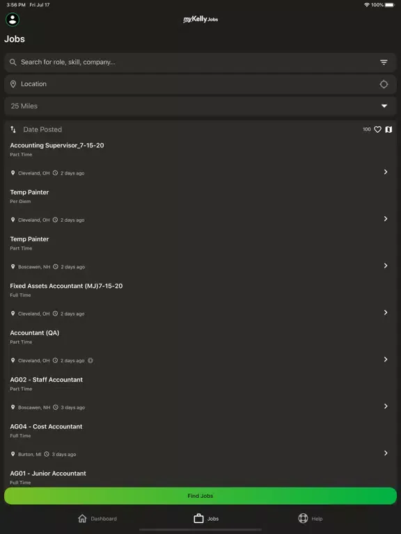 Capturas de tela do myKelly Jobs iPad 