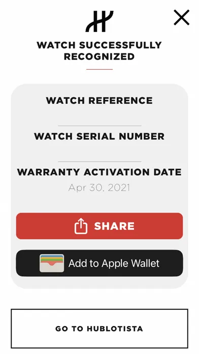 Zrzuty ekranu Hublot e-warranty