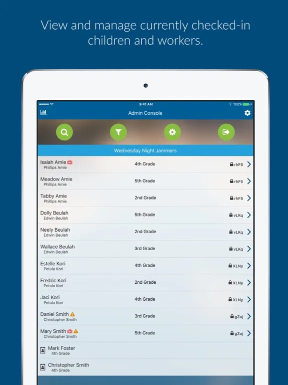 Tangkapan layar KidCheck Admin Console iPad 