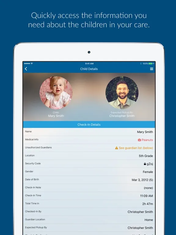 Tangkapan layar KidCheck Admin Console iPad 