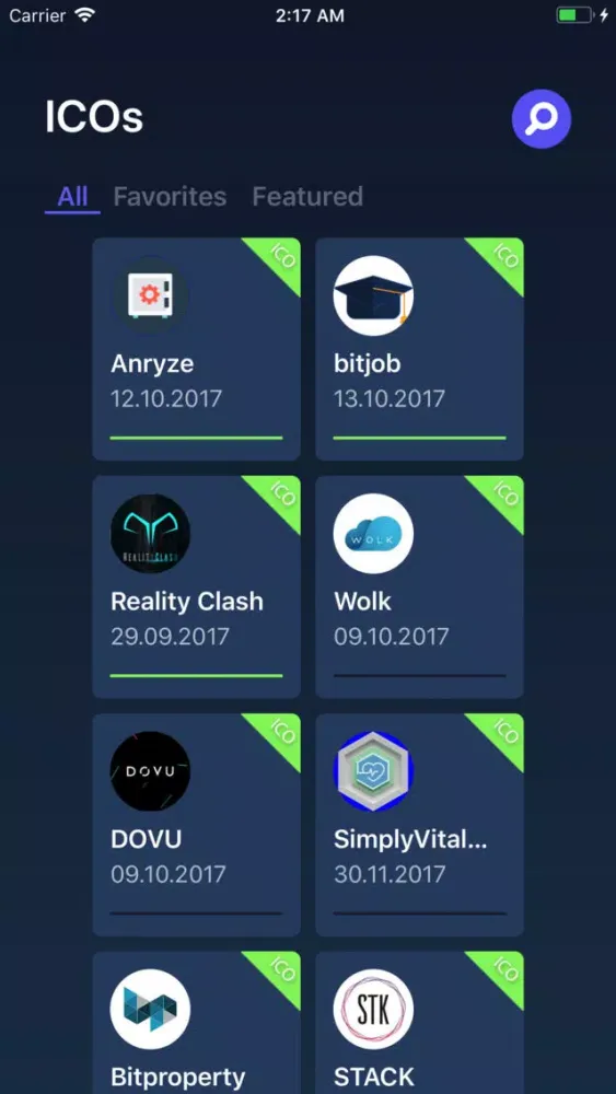 Capturas de tela do ICO Tracker